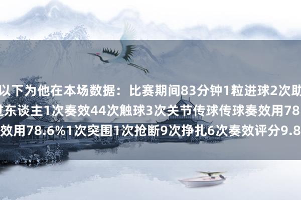 以下为他在本场数据：比赛期间83分钟1粒进球2次助攻6次射门2次射正2次过东谈主1次奏效44次触球3次关节传球传球奏效用78.6%1次突围1次抢断9次挣扎6次奏效评分9.8分    体育最新信息