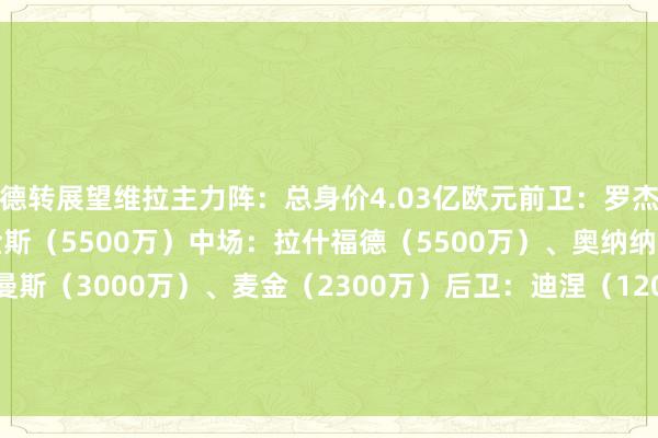 德转展望维拉主力阵：总身价4.03亿欧元前卫：罗杰斯（4000万）、沃特金斯（5500万）中场：拉什福德（5500万）、奥纳纳（5500万）、蒂莱曼斯（3000万）、麦金（2300万）后卫：迪涅（1200万）、保-托雷斯（4500万）、孔萨（3500万）、卡什（2800万）门将：马丁内斯（2500万）体育录像/图片